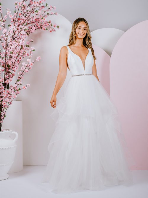 G271 A fun ruffle skirt with layers of tulle and silver beaded belt at the waist