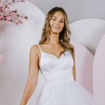 G282 A strappy satin bodice is paired with a frilled tulle skirt