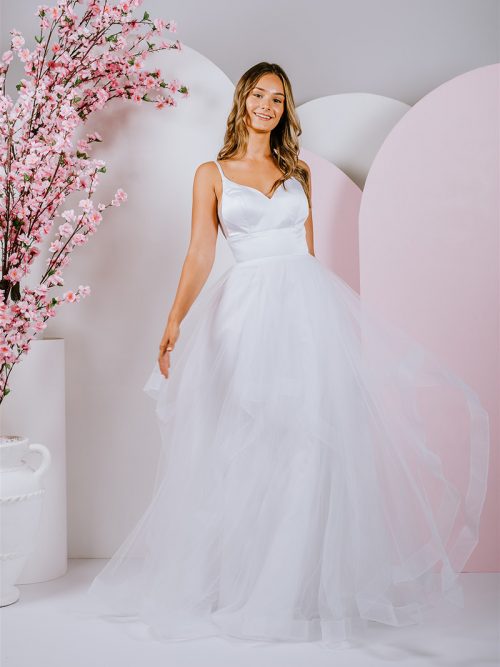 G282 A strappy satin bodice is paired with a frilled tulle skirt