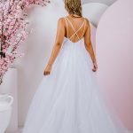 G285 gorgeous tulle A-line gown features doubled spaghetti straps