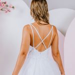 G285 gorgeous tulle A-line gown features doubled spaghetti straps