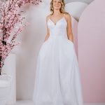 G287 Sweet A-Line silhouette in satin with flattering waist and straps