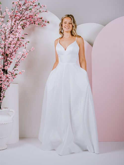 G287 Sweet A-Line silhouette in satin with flattering waist and straps