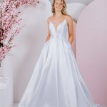 G289 Simple elegant mikado gown with flattering waistline and v neck