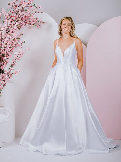 G289 Simple elegant mikado gown with flattering waistline and v neck