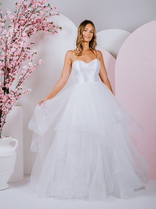 G292 Delicate ruffles compose the skirt of this spaghetti strapped ballgown