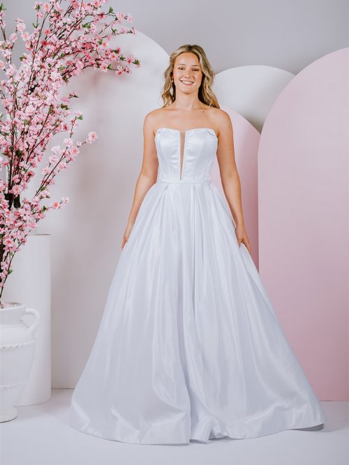G293 ballgown with A dramatic, squared neckline, mikado fabric and exposed boning