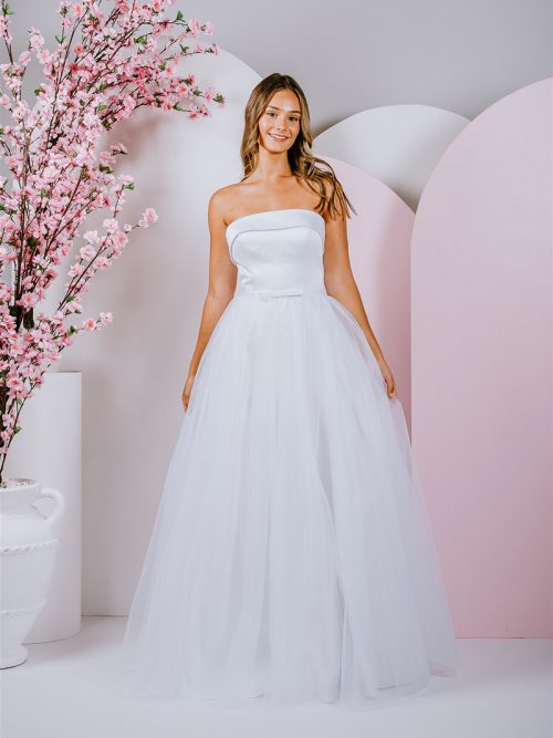 G297 Featured strapless neckline gown with cute bow at waist