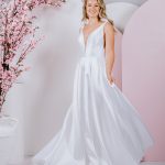G298 Beautiful mikado gown with sweet bows on the shoulder and deep v neckline