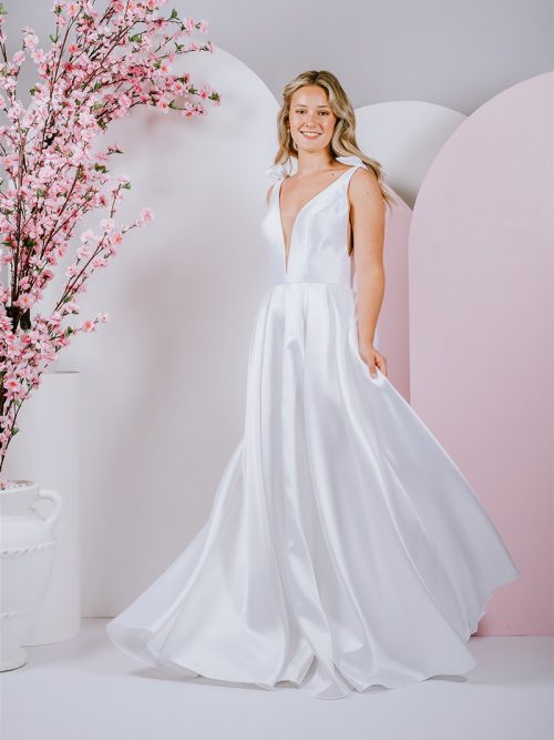 G298 Beautiful mikado gown with sweet bows on the shoulder and deep v neckline