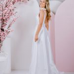 G298 Beautiful mikado gown with sweet bows on the shoulder and deep v neckline