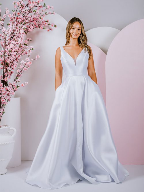 G299 Featured bow on the low back with v neck and mikado ballgown