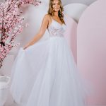 G301 UNLINED Delicate floral lace creates a translucent bodice, with tulle skirt
