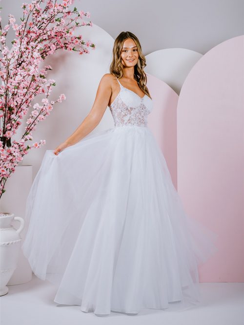 G301 UNLINED Delicate floral lace creates a translucent bodice, with tulle skirt
