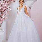 G304 Beautiful silhouette gown deep v neckline with tulle skirt