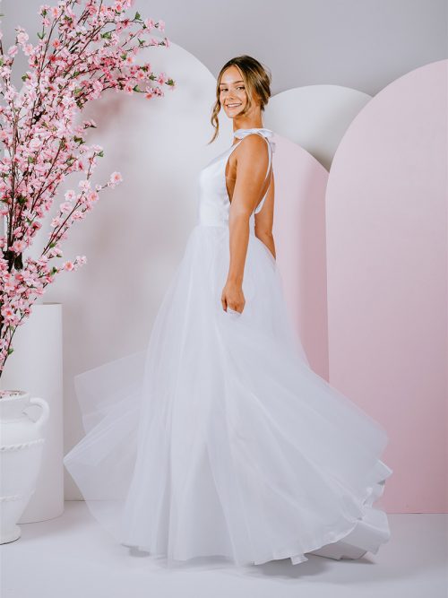 G304 Beautiful silhouette gown deep v neckline with tulle skirt