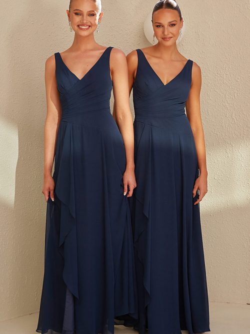 TO2493 Tania Olsen Tyne Bridesmaid Dress a V-cut neckline with 1-inch wide shoulders and a cross-over bust draping